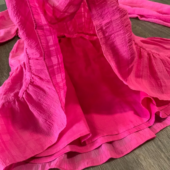 UO River Smock Long Sleeve Hot Pink Ruffle Plaid Mini Dress - OBO - Picture 4 of 9